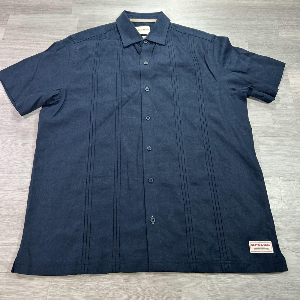 Scotch & Soda Shirt Mens Medium Blue Solid Short Sleeve Button Up Linen Casual